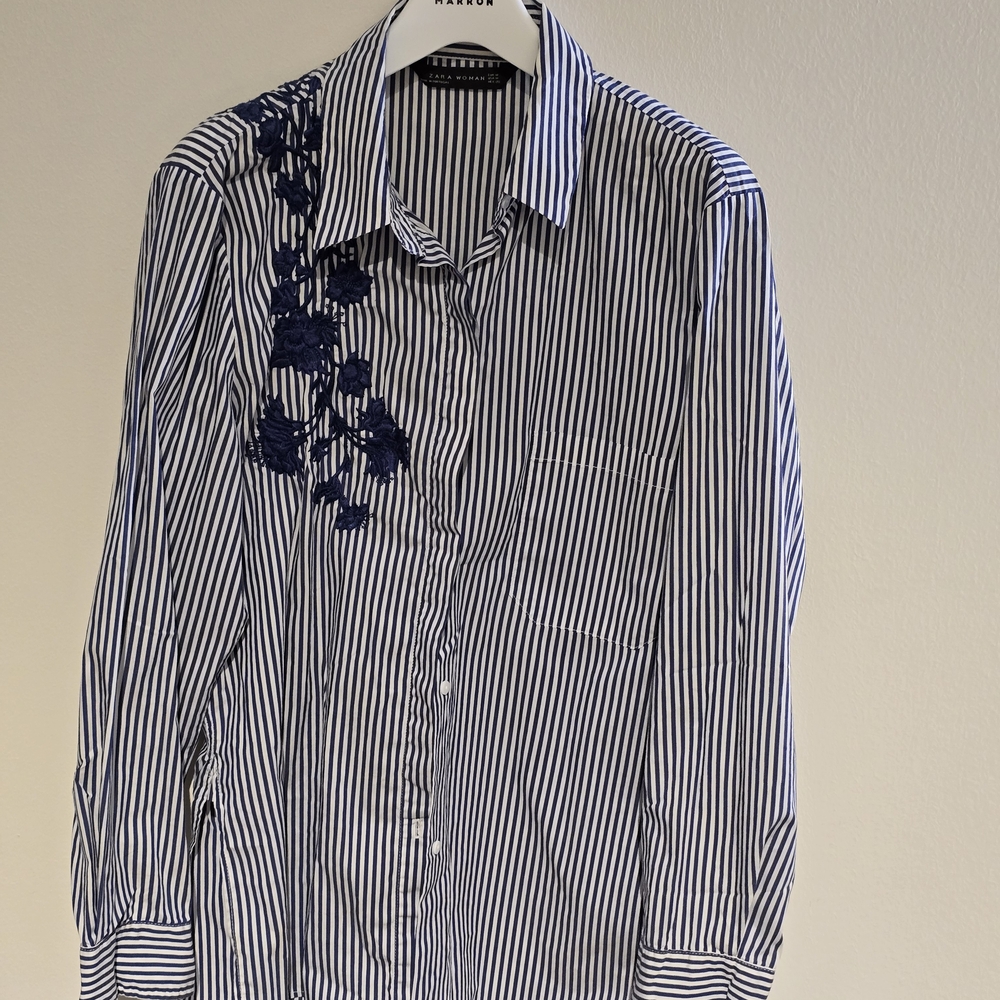 Zara Navy and White Striped Men's Shirt with Floral Detail